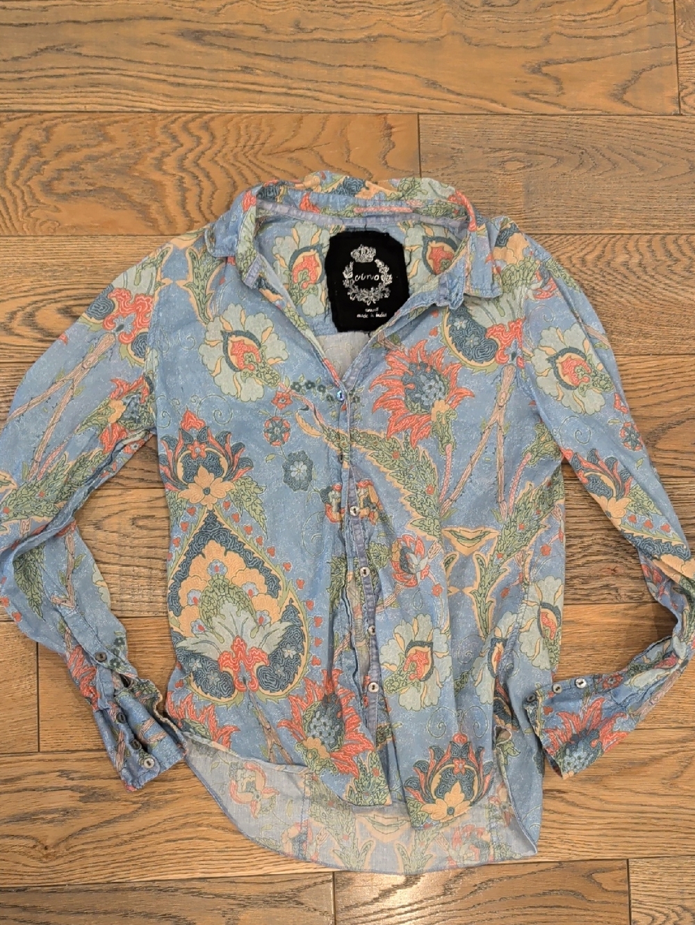 Light Blue Floral Paisley Button-Up Blouse - Cino Small